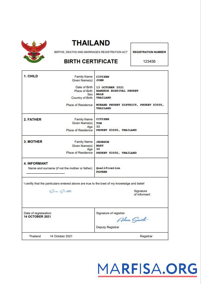 Realistic Thailand vital record birth certificate Word and PDF template